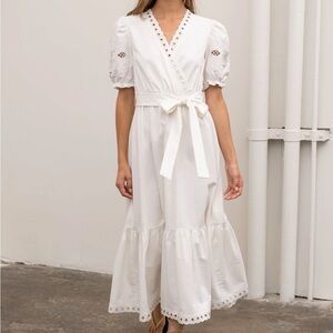Moon River Linen Eyelet Shirred Dress